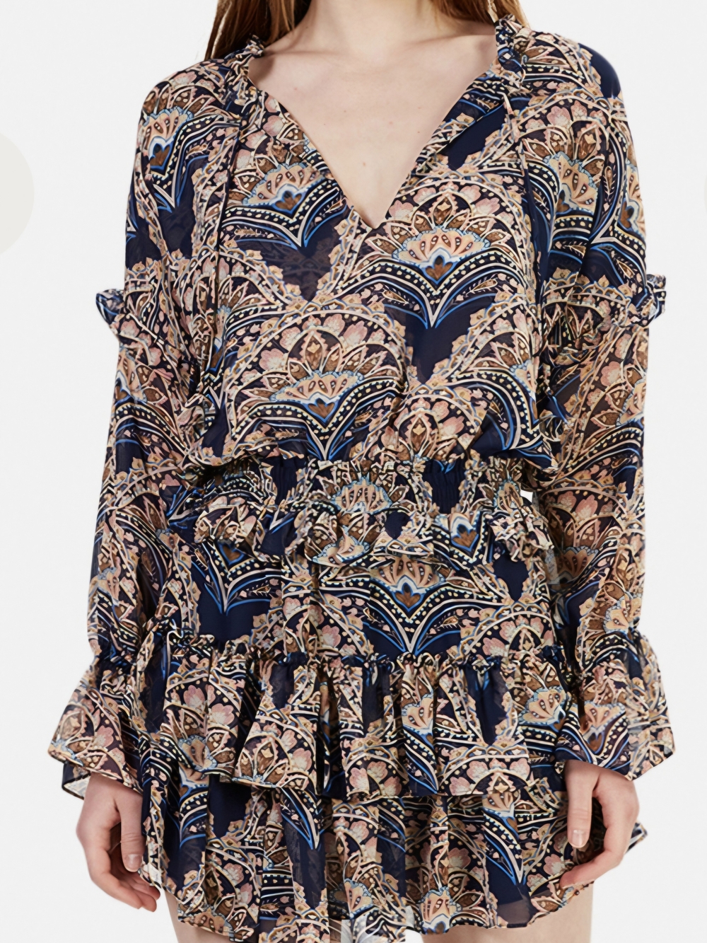 Misa Los Angeles Navy & Beige Paisley Ruffle Mini Dress